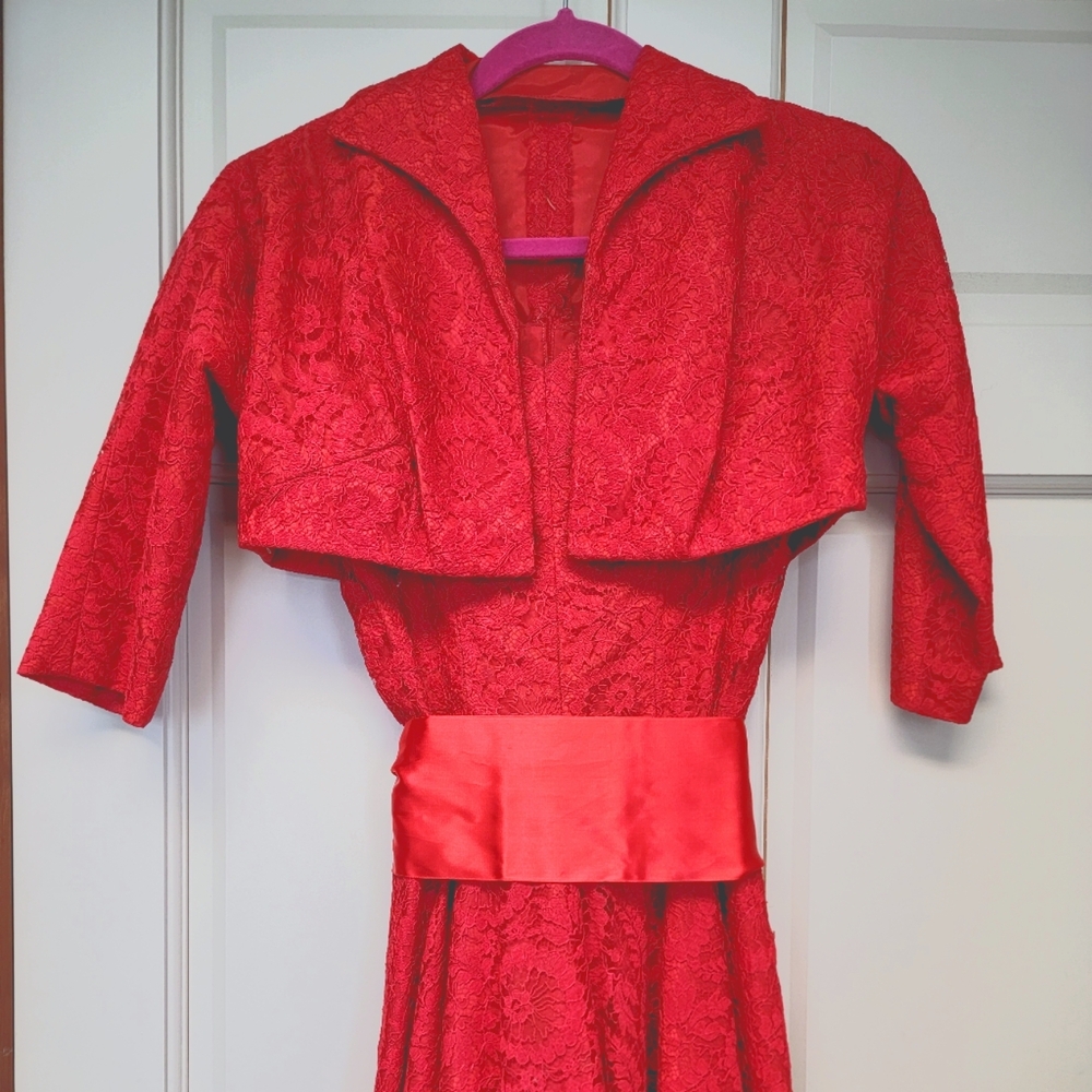 Vintage 50s Elegant Red Lace Dress with Bolero Jacket